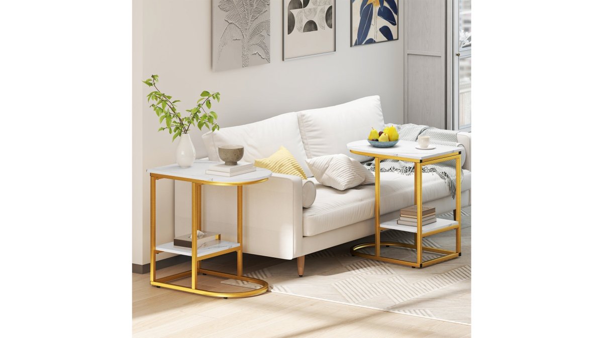 C-Shaped Side Table with Faux Marble Top and Storage Shelf