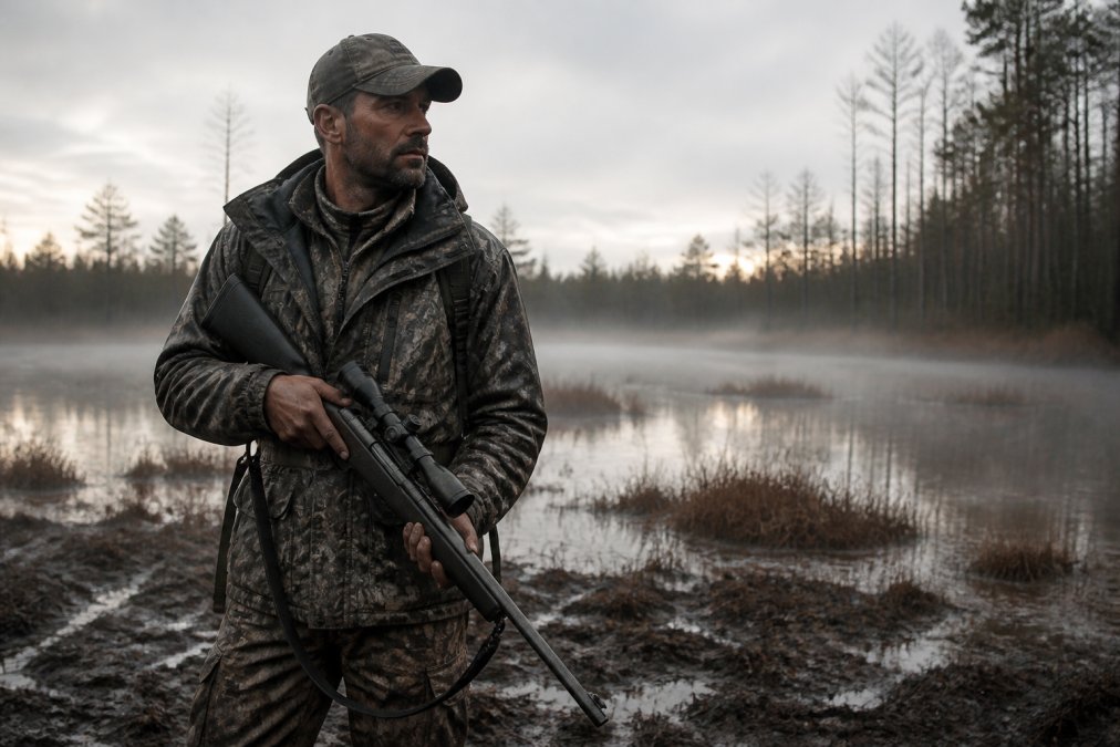 A hunter in camouflage and layered rugged outdoor apparel standing in muddy terrain holding a rifle, early morning mist rising from the ground, wearing a weathered baseball cap and seam-sealed jacket