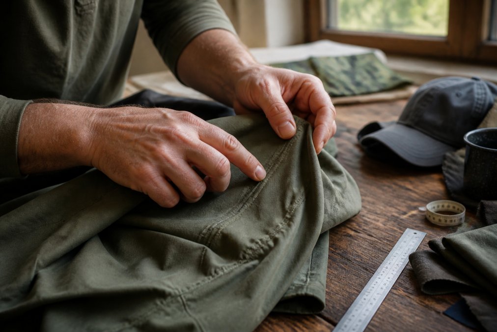 Close-up of hands examining outdoor apparel seams and fabric texture on a work surface, fingers tracing stitching patterns, natural window lighting illuminating the construction details