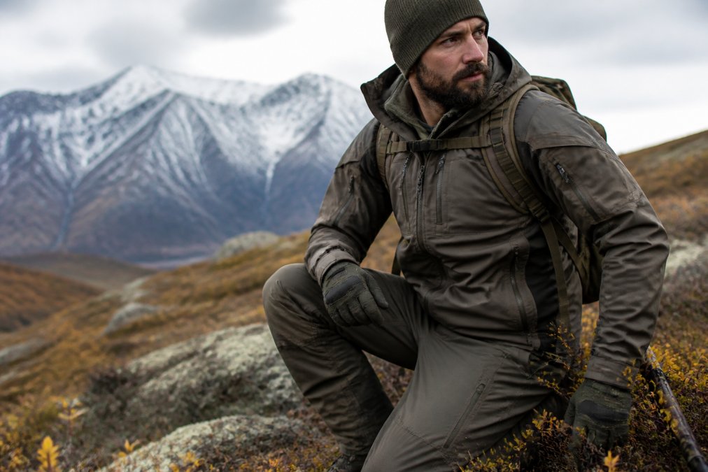 Hunter in field wearing technical layered hunting apparel, crouching in natural terrain with mountains in background, showcasing fit and articulated design of performance gear