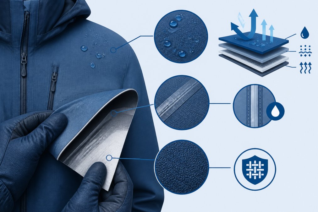 Close-up of technical fabric detail showing waterproof membrane, seam sealing, and durable construction on outdoor jacket, hands examining the material