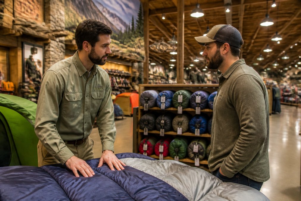 Knowledgeable retail staff member helping customer select camping gear in well-organized store with outdoor displays, product shelves visible, natural lighting