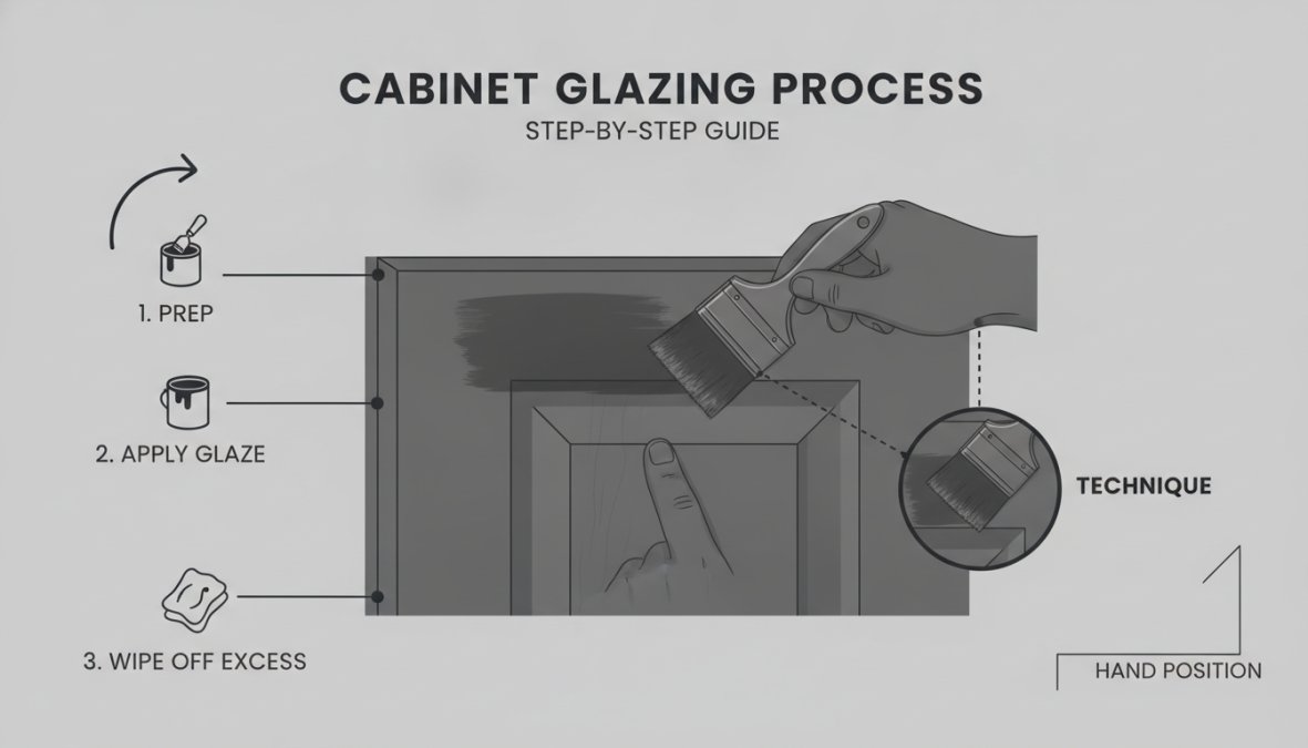 Process diagram showing steps for what is the cabinet glazing process