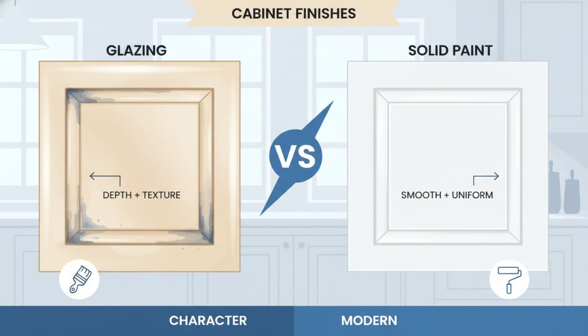 Side-by-side close-up photograph of two kitchen cabinet doors, one with a warm antiqued glaze showing depth and color pooling in recessed panel details, and one with a crisp, uniform solid white paint finish, both shot in a bright, naturally lit kitchen environment