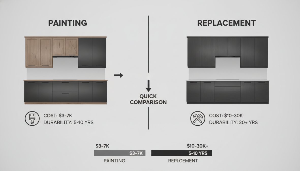 Visual comparison chart showing kitchen cabinet painting vs full replacement