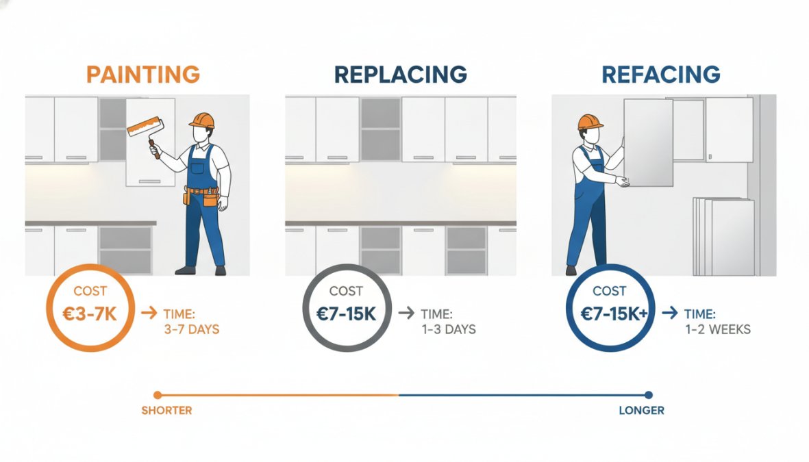A contractor in a bright modern Toronto kitchen holding a new flat-panel cabinet door up against an existing painted cabinet frame, comparing the two finishes under warm under-cabinet lighting