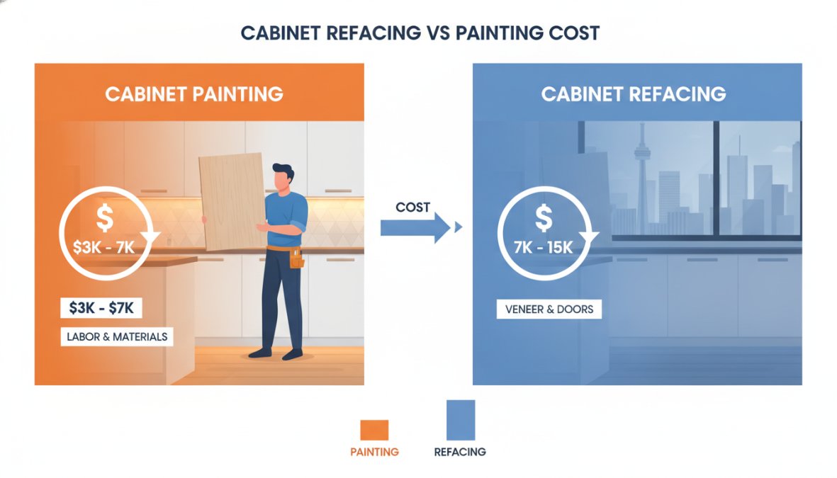 A Toronto kitchen split down the middle showing freshly spray-painted white cabinet doors on the left side and raw unfinished MDF cabinet boxes staged for installation on the right, under bright overhead lighting