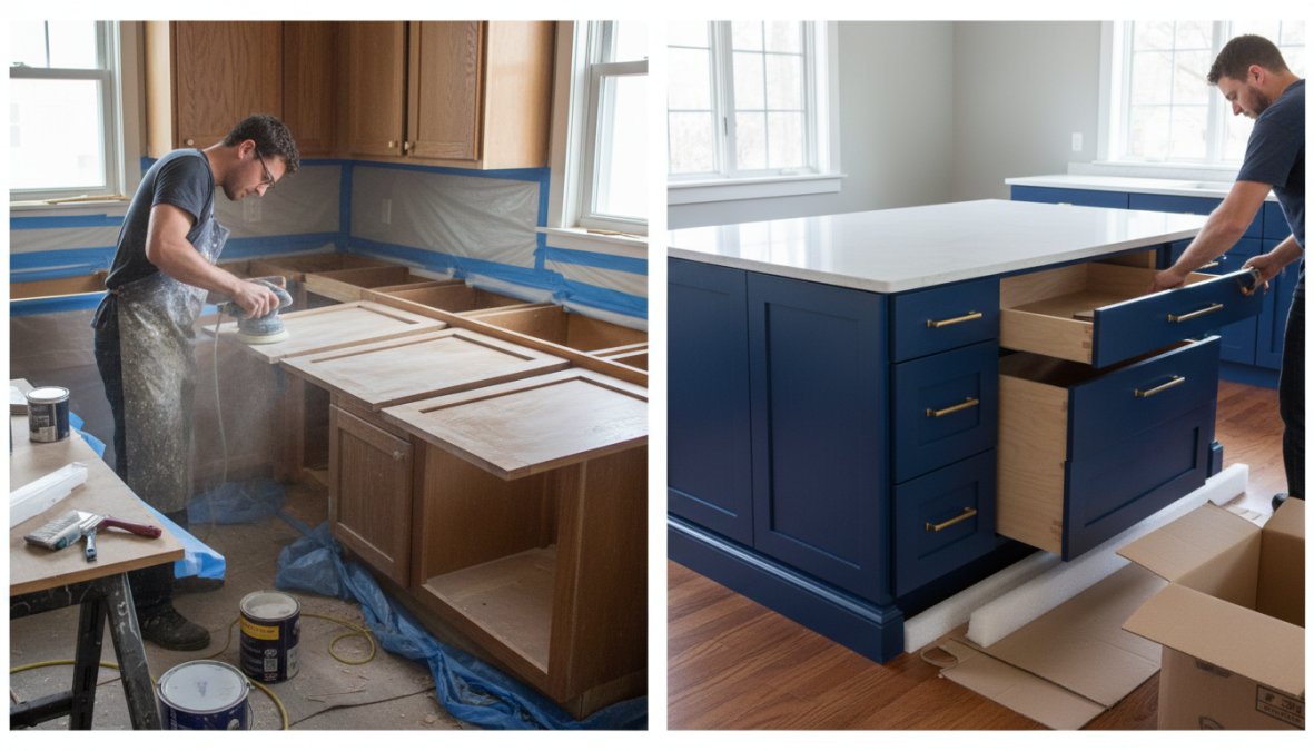 Side-by-side view of a dated rental kitchen with worn wood cabinets on the left and the same kitchen after professional cabinet refinishing with a clean, modern painted finish on the right