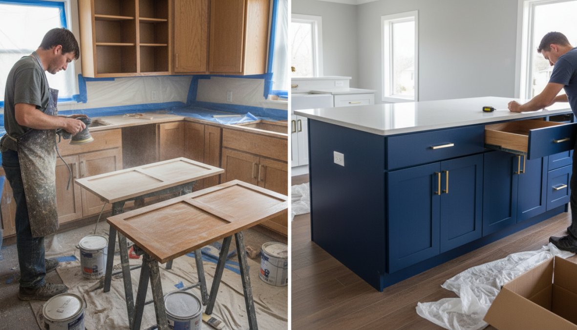 A professional contractor in work clothes applying a smooth polyurethane finish to cabinet doors laid flat on a workbench in a well-lit kitchen renovation setting