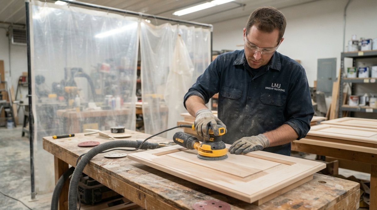 Professional contractor carefully sanding cabinet door surfaces with handheld orbital sander, visible dust containment plastic barrier in background, bright workshop lighting showing detailed surface work