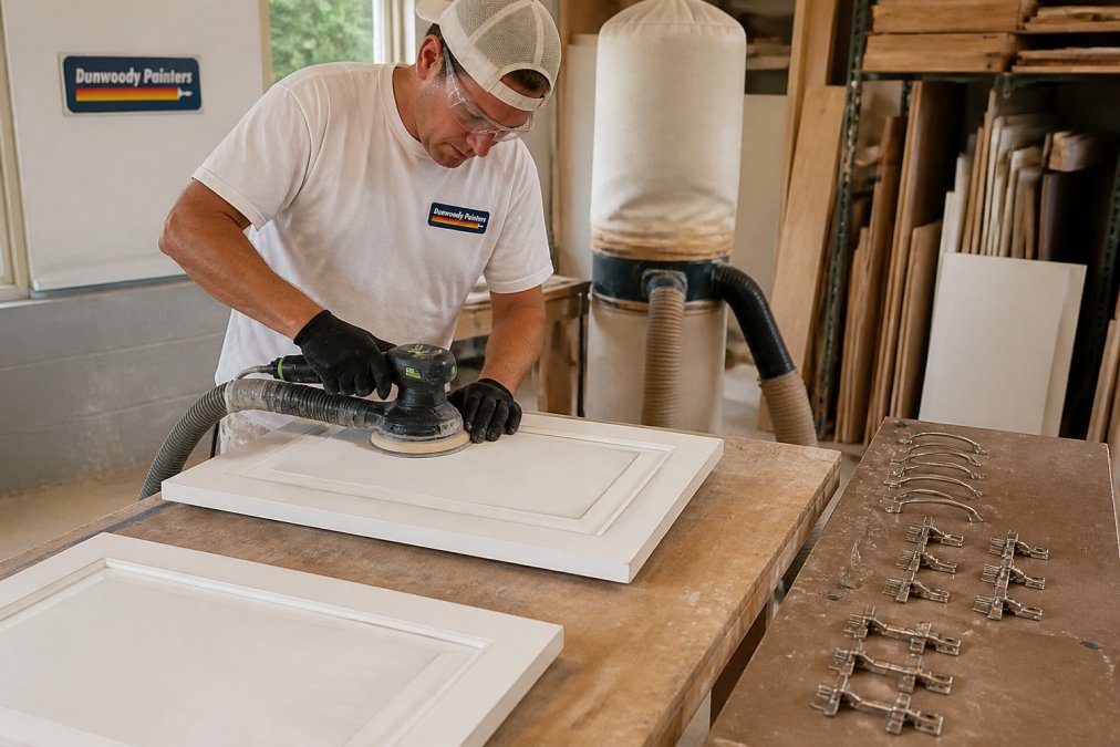 Professional painter sanding kitchen cabinet doors in a well-lit workshop, with dust collection equipment visible, cabinet hardware removed and organized on a nearby workbench