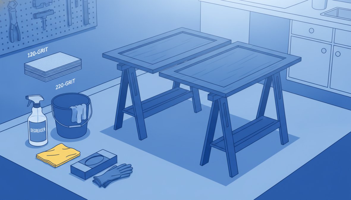 A well-organized workstation showing cabinet doors laid flat on sawhorses, with labeled containers of degreaser solution, stacked sheets of 120-grit and 220-grit sandpaper, a folded tack cloth, and nitrile gloves under bright workshop lighting