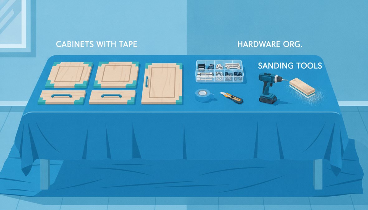 Organized workbench showing drop cloth laid flat on floor, painter's tape rolls, cabinet hardware sorted into labeled bags, and cabinet doors leaned against a wall in a well-lit garage workshop