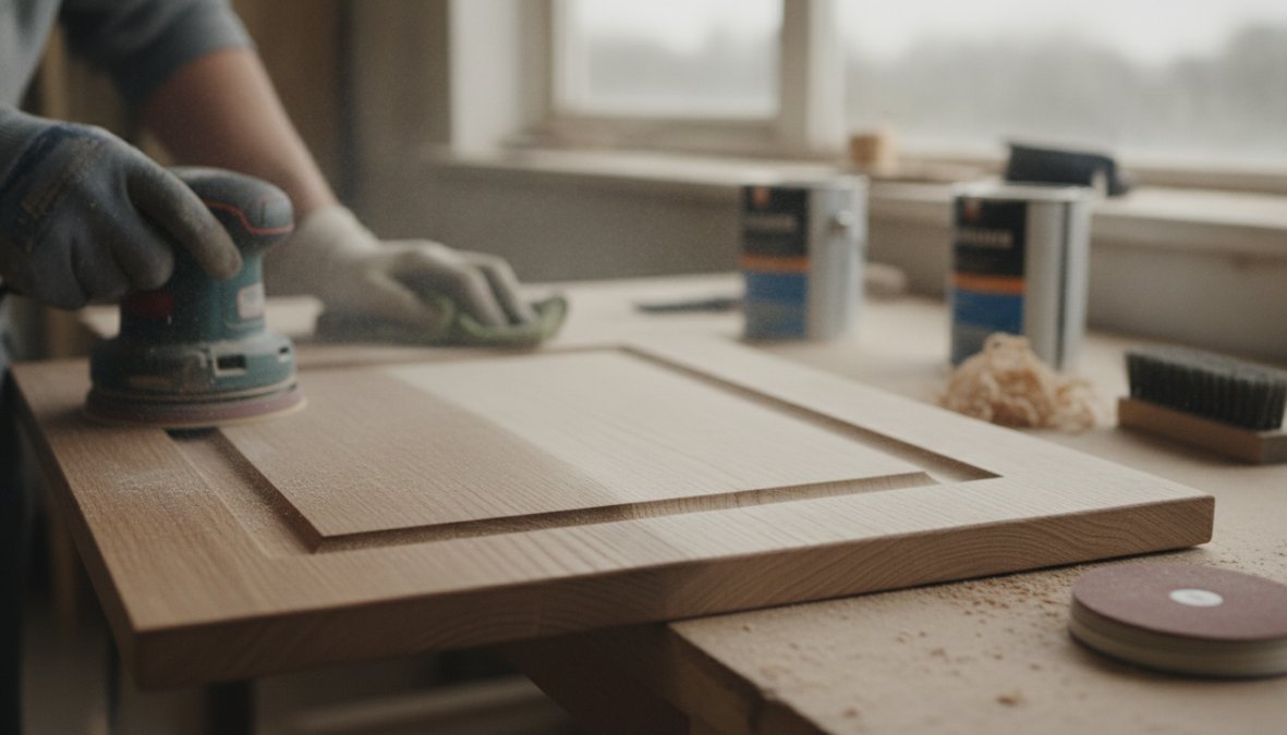 Close-up of a person's hands wearing nitrile gloves using an orbital sander on a flat wooden cabinet door, fine wood dust visible in the air, safety glasses and respirator on the workbench behind them