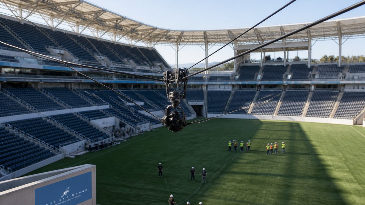 Wide aerial view of a cable camera rig installed across a stadium field, showing the cable suspension system stretched between upper structural points with the camera head visible in the center and crew members on the field below for scale
