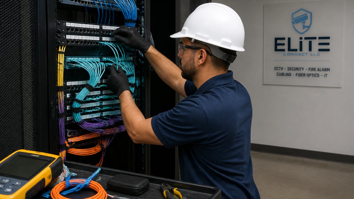 Professional technician in hard hat installing fiber-optic cables in organized network cabinet with color-coded cable management and testing equipment visible