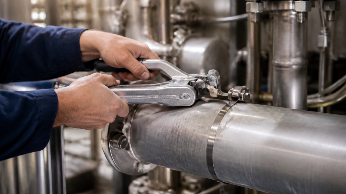 Professional technician's hands using a stainless steel banding tool to secure industrial piping with controlled tension, showing proper grip and tool positioning on metal equipment in a manufacturing facility
