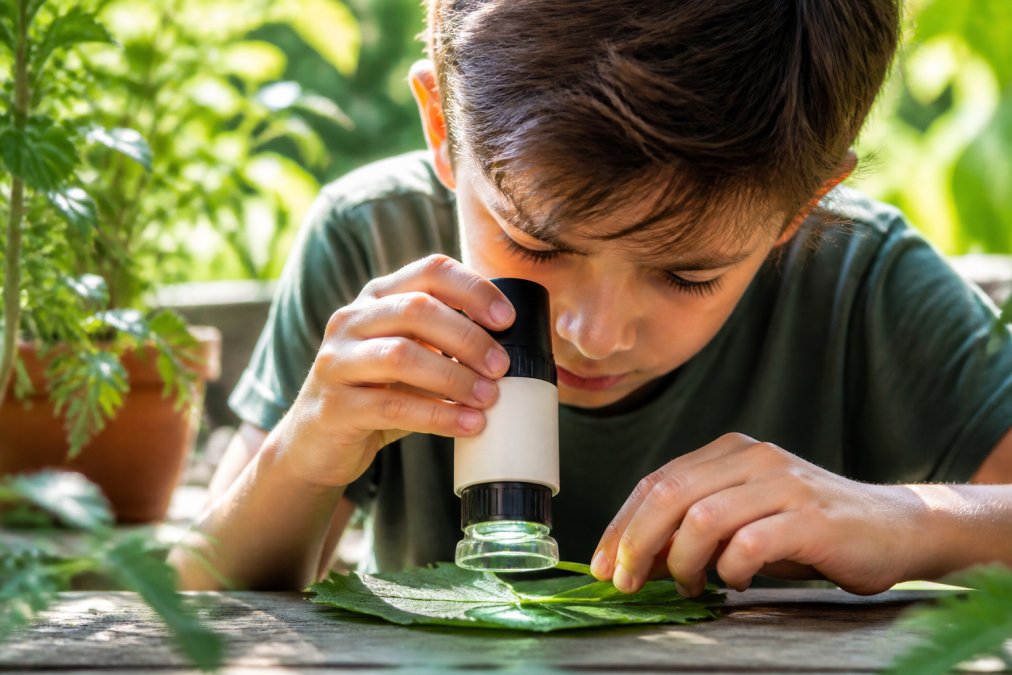 Enfant de 10 ans observant une feuille au microscope, un cadeau éducatif idéal pour explorer la nature.