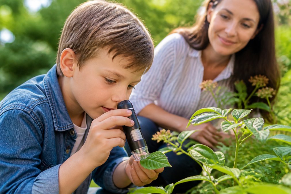 A child around 8 years old holding a compact portable digital microscope outdoors in a garden, examining a leaf closely, natural daylight, curious expression, parent watching in the background