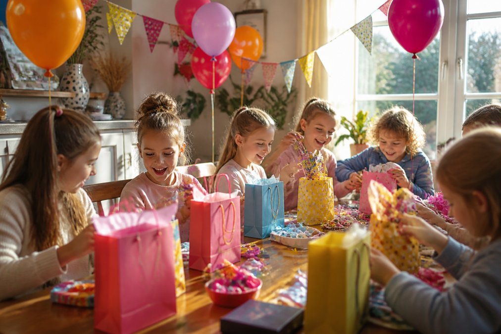 Kinderen zitten rond een feesttafel met kleine cadeautasjes en kleurrijk inpakpapier, lachen terwijl ze uitpakken, slingers en ballonnen op de achtergrond, warm middaglicht door het raam