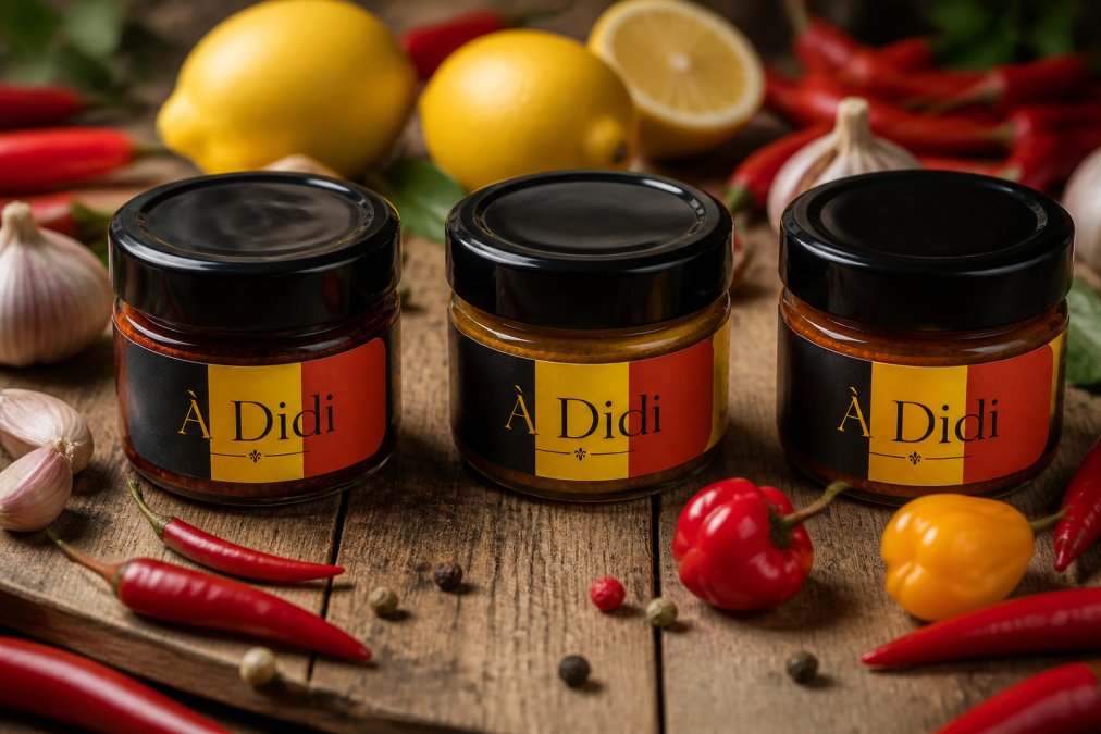 Gros plan de trois pots de pâtes de piments artisanales colorées (rouge, jaune, orange) alignés sur une surface en bois rustique, avec des piments frais, gousses d'ail et citrons éparpillés alentour, éclairage naturel chaleureux