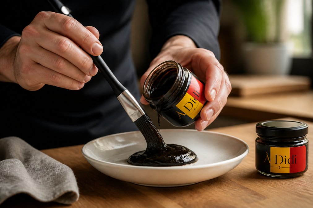 Mains d'un cuisinier versant délicatement une pâte de citron noir brillante dans une assiette blanche avec un pinceau de cuisine, montrant la texture riche et la couleur profonde du produit sous éclairage naturel doux