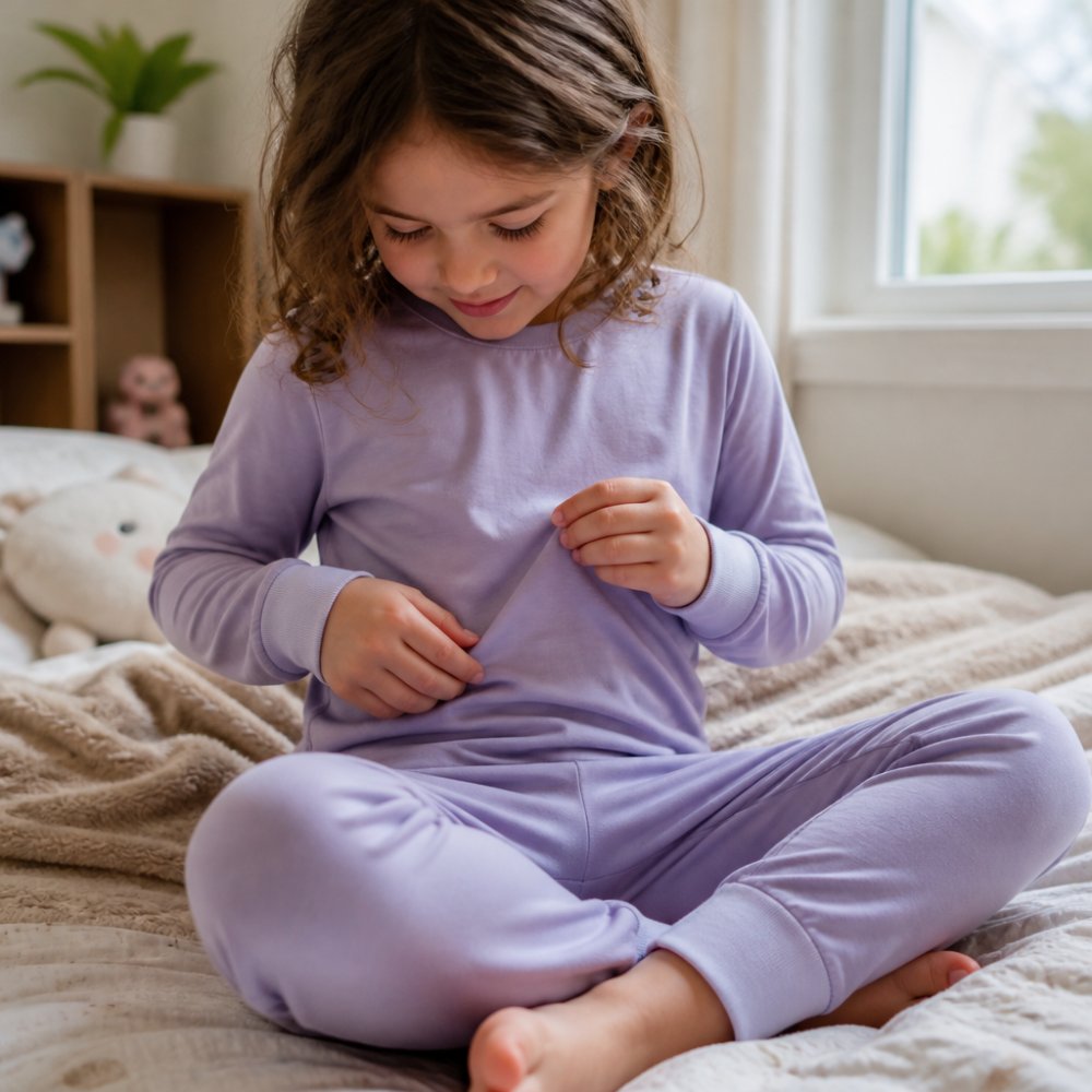 Child wearing soft, tag-less pajamas with visible fold-over cuffs and relaxed fit, hands gently touching the fabric to show texture and comfort in natural bedroom lighting