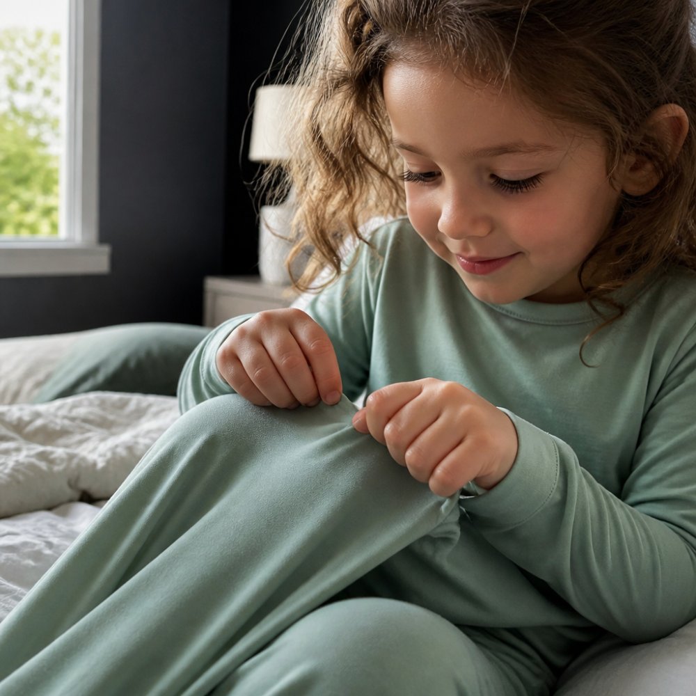 Close-up of a child's hands gently touching soft bamboo fabric pajamas, fingers exploring the smooth texture with visible comfort and gentle expression, natural daylight from nearby window