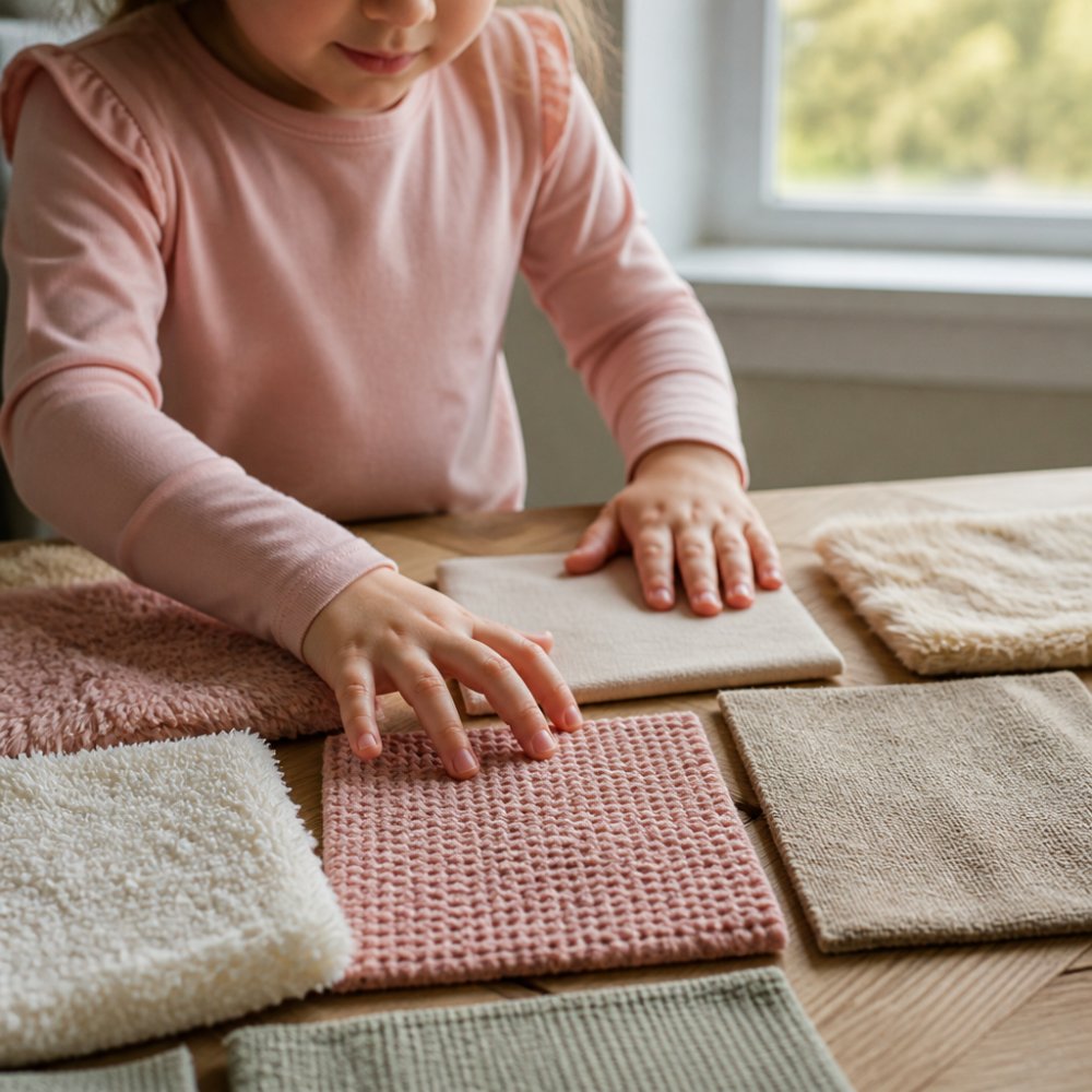 Child's hands touching fabric swatches of different textures displayed on a wooden table, showing tactile exploration with soft natural lighting from a window