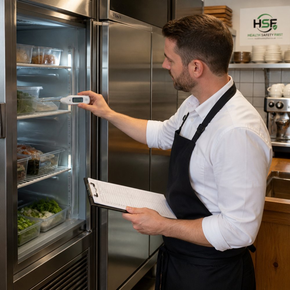 Café manager in professional uniform checking refrigerator temperature with digital thermometer while reviewing checklist on clipboard during morning opening routine