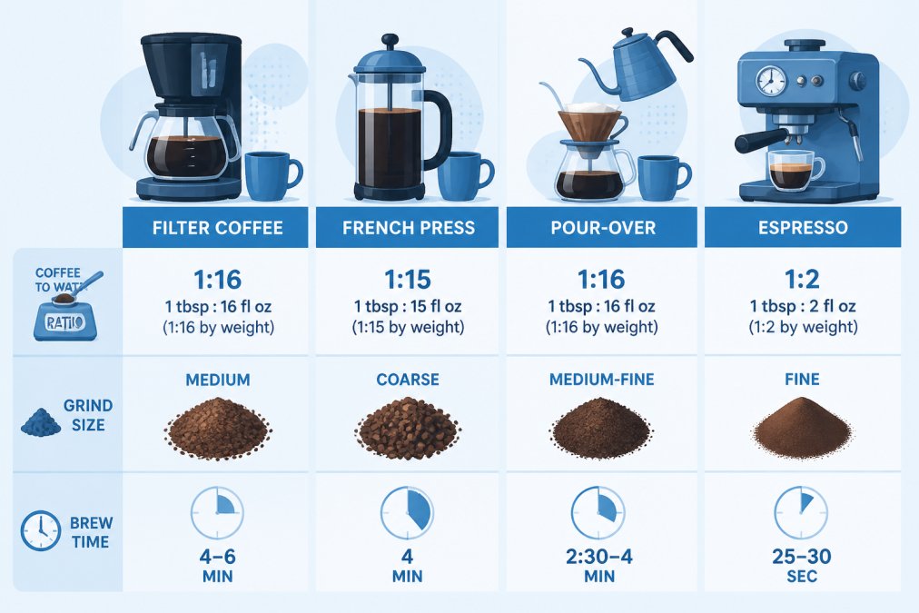Infographic chart comparing coffee-to-water ratios, grind sizes, and brew times for four common brewing methods