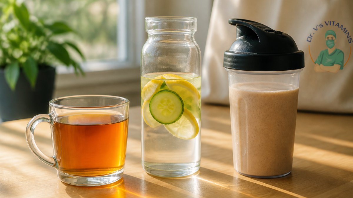 Selection of bariatric-friendly beverages on a table including herbal tea in a clear mug, infused water with lemon and cucumber, and a protein shake in natural sunlight