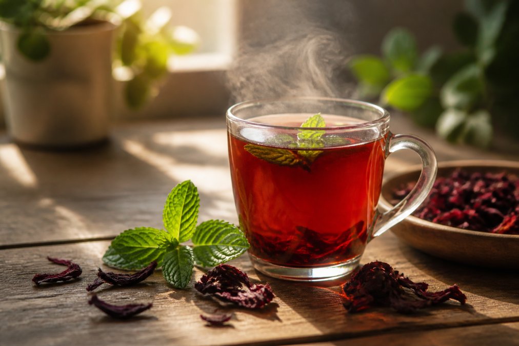 Steaming mug of herbal tea with fresh mint leaves and dried hibiscus flowers scattered on a wooden table in warm morning sunlight
