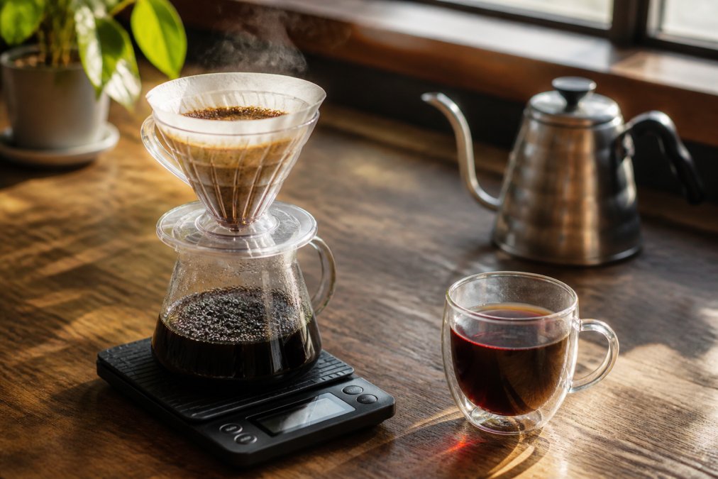 A close-up of a coffee brewing setup with a digital scale, pour-over dripper, and a cup of dark coffee on a wooden counter, natural light highlighting the steam