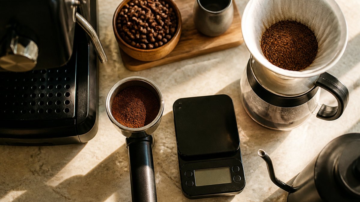 Overhead shot of a kitchen counter with a pour-over dripper, an espresso machine portafilter with fresh grounds, and a digital scale, warm morning light