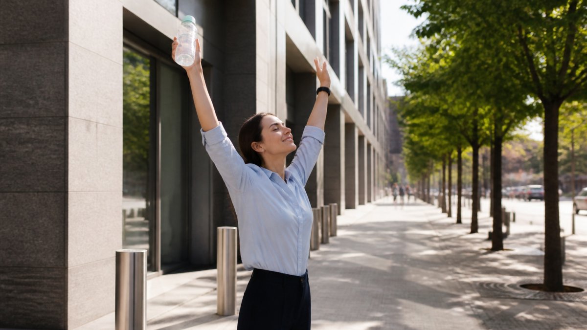 A person stepping outside an office building for a short walk in bright afternoon daylight, stretching their arms overhead, water bottle in hand, city sidewalk and trees visible