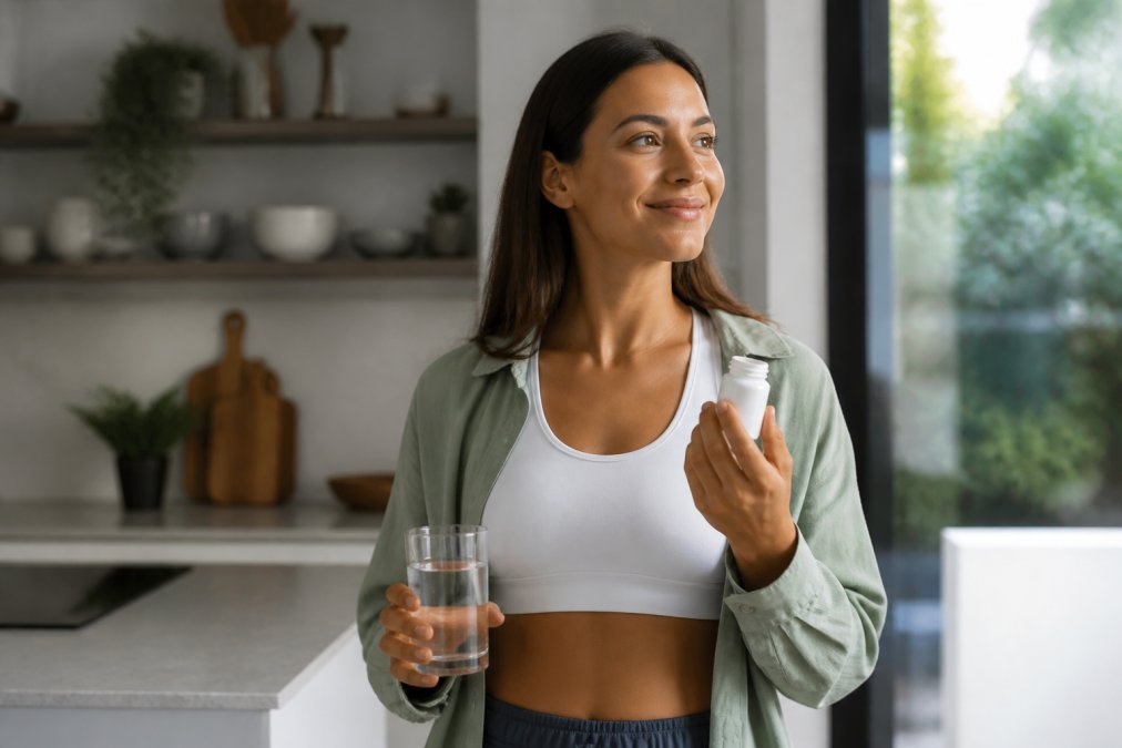 A woman in a bright, modern kitchen holding a small supplement bottle and a glass of water, looking calm and energised in soft morning light