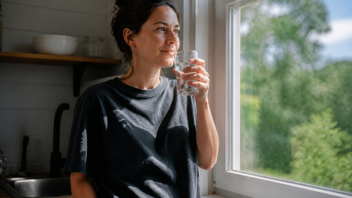 Person in morning light by a window holding a clear glass of water, natural sunlight streaming in, calm and alert expression