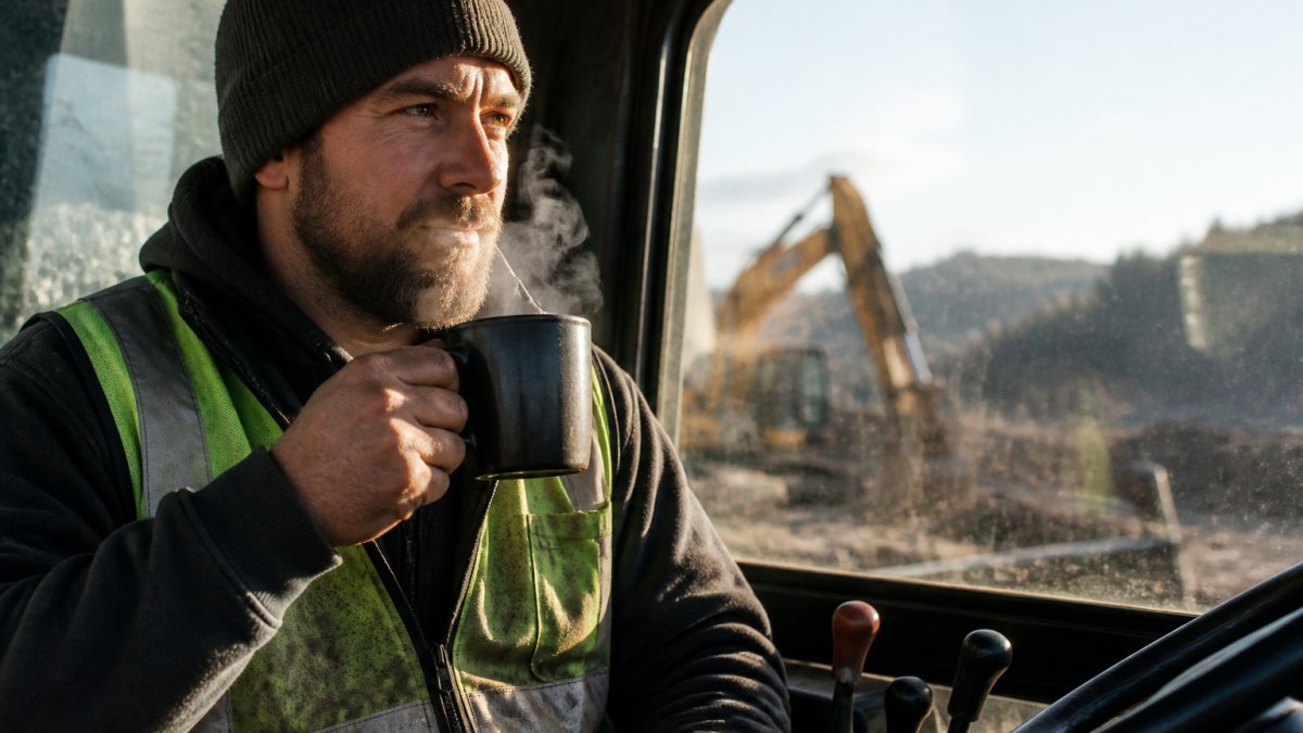 A truck driver or construction worker holding a steaming mug of coffee in a cab or job site, with coffee beans and brewing equipment visible in the background, natural morning light streaming through the window