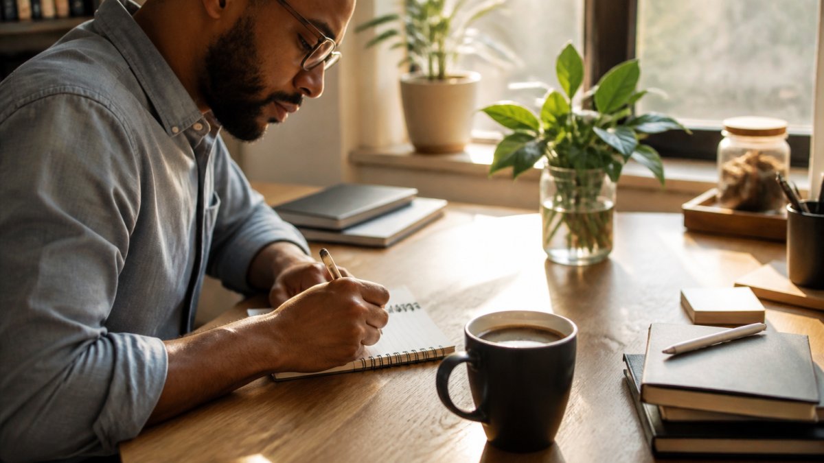 Professional at home office desk with fresh cup of coffee, notepad, and laptop in morning light, demonstrating daily caffeine intake strategy and productivity routine
