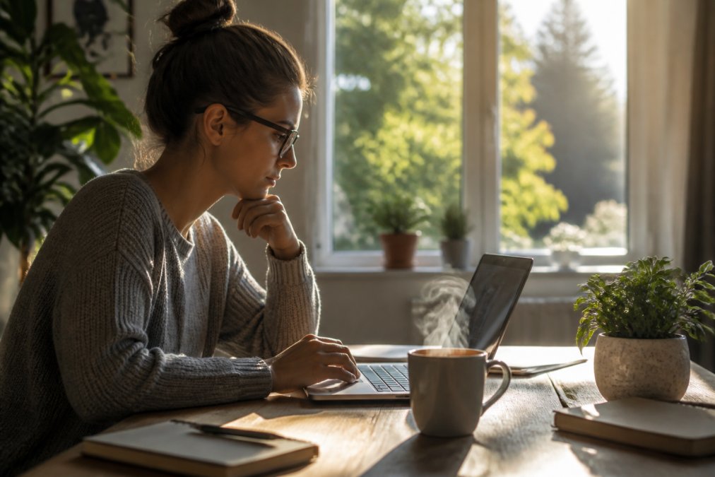 Remote worker at home office desk with steaming coffee mug, focused on laptop screen during morning hours with natural sunlight streaming through window