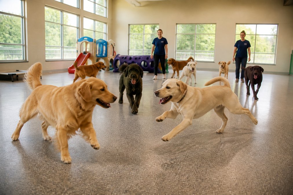 Dogs playing together in a spacious, bright indoor play area with comfortable flooring, large windows providing natural light, and professional staff members supervising in the background