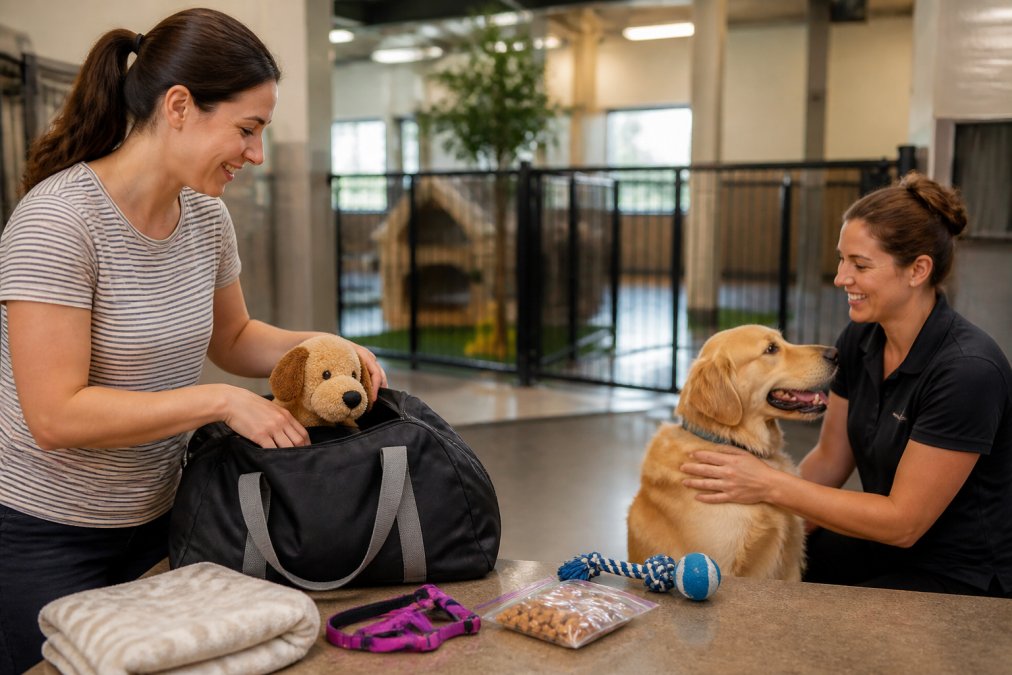Dog owner packing a bag with favorite toys, treats, and comfort items while a friendly staff member greets the dog during a facility tour
