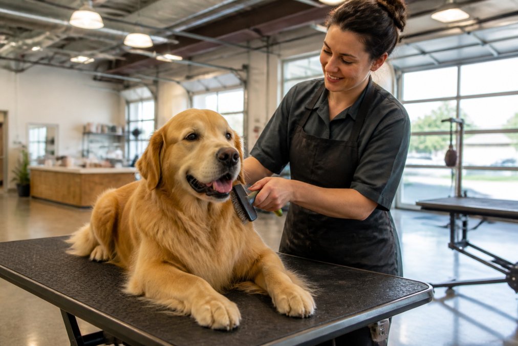 A calm golden retriever lying relaxed on a grooming table while a professional groomer in an apron gently brushes its coat in a bright, open-concept salon with no kennels visible, the dog's expression soft and at ease under warm overhead lighting