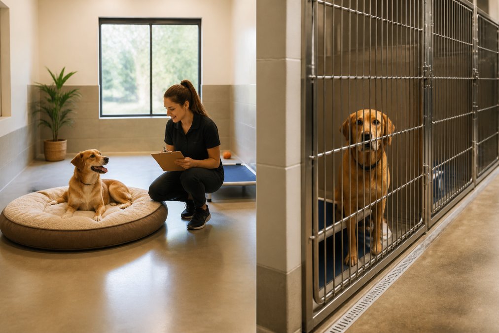 A happy medium-sized dog resting on a soft bed in a bright, climate-controlled boarding room with open space and a staff member kneeling nearby with a clipboard