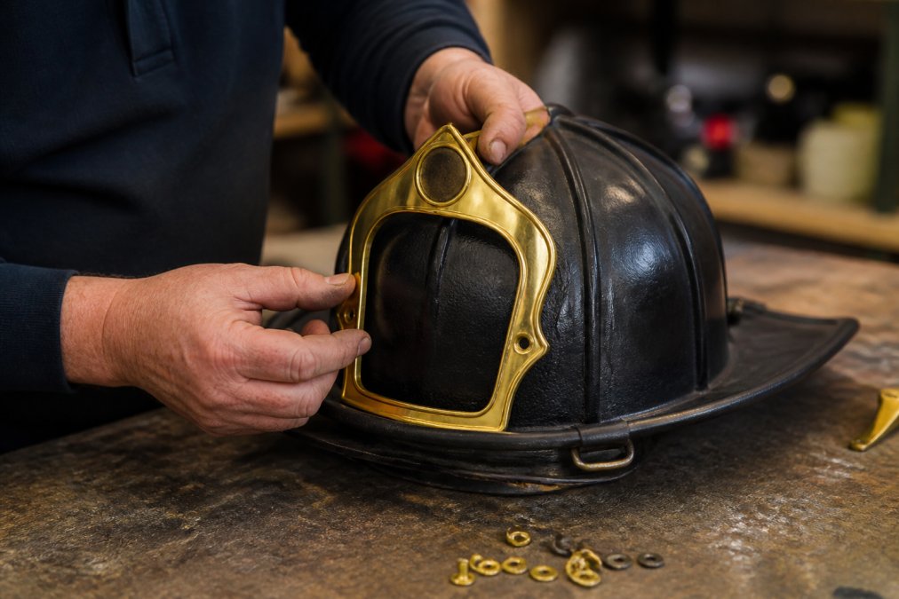 Firefighter's hands carefully positioning a polished brass front holder against a Cairns leather helmet shell, showing the mounting holes aligned with the helmet's ribs, with rivets and installation hardware visible on a work surface