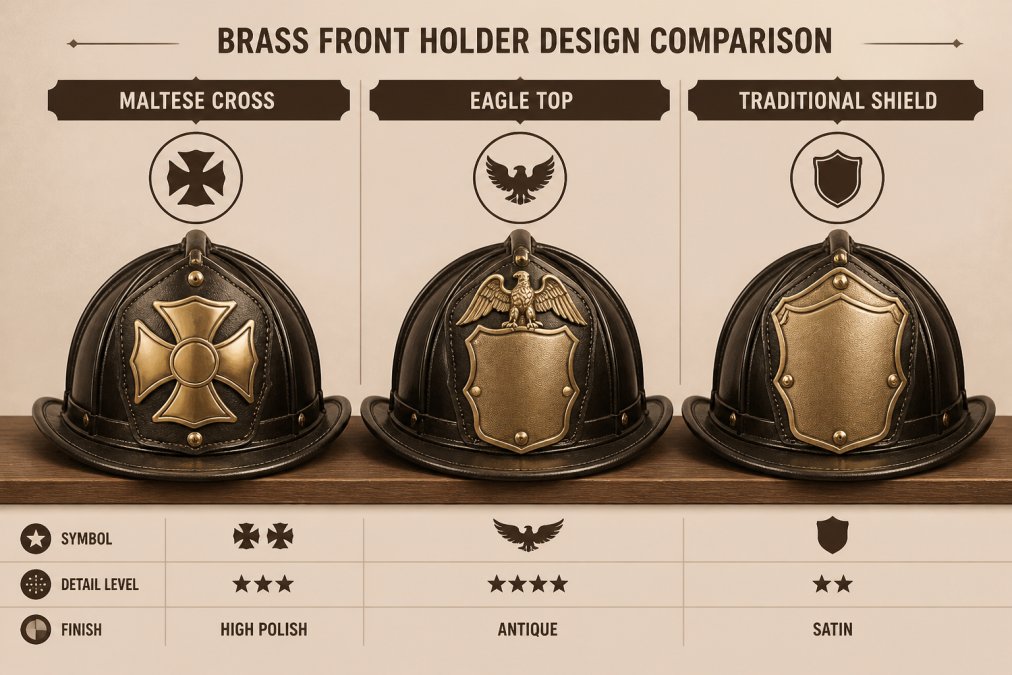 Three traditional fire helmets displayed side-by-side on a wooden shelf, each featuring different brass front holder designs, one with a polished Maltese cross, one with an eagle top, and one with a traditional shield design, showing the contrast in styles and finishes