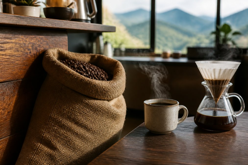 A burlap coffee sack leaning against a wooden counter next to a ceramic pour-over brewer with steam rising from a freshly brewed cup