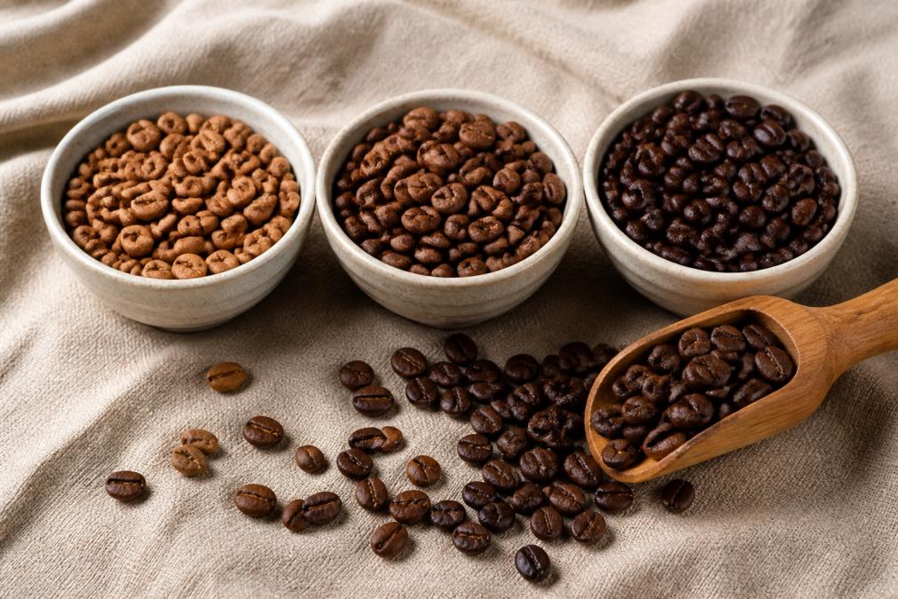 Close-up of three coffee cups showing different roast colors ranging from light to dark, with whole coffee beans and a wooden scoop scattered on a natural linen surface