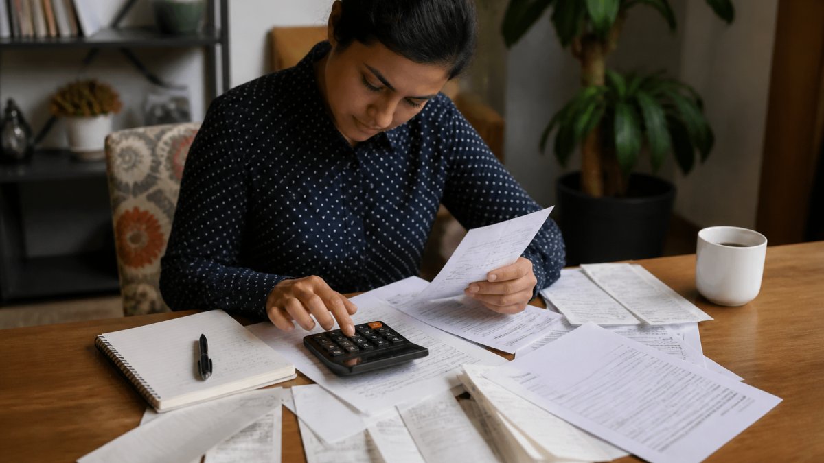 Person sitting at a desk with bills, receipts, and a calculator, reviewing household budget documents and expense tracking sheets under warm desk lighting